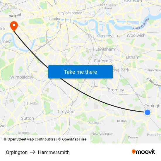 Orpington to Hammersmith map
