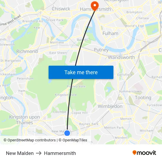 New Malden to Hammersmith map