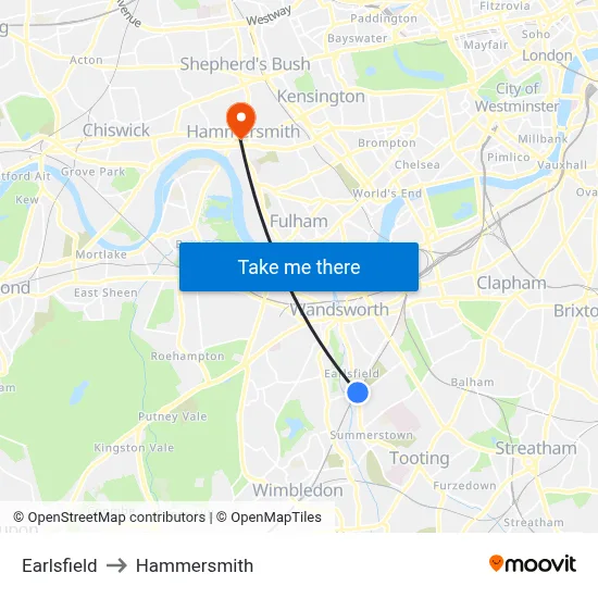 Earlsfield to Hammersmith map