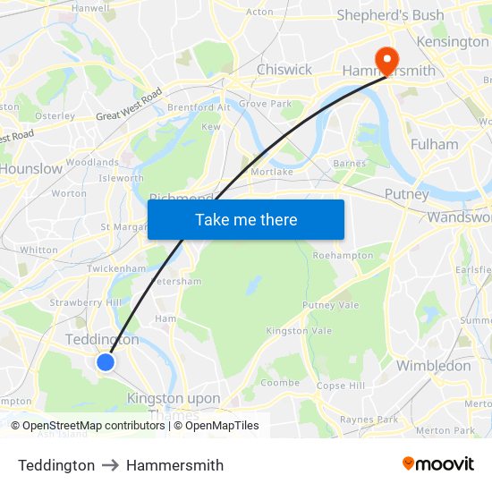 Teddington to Hammersmith map