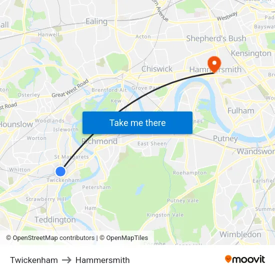 Twickenham to Hammersmith map