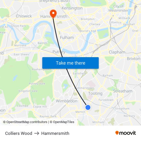 Colliers Wood to Hammersmith map