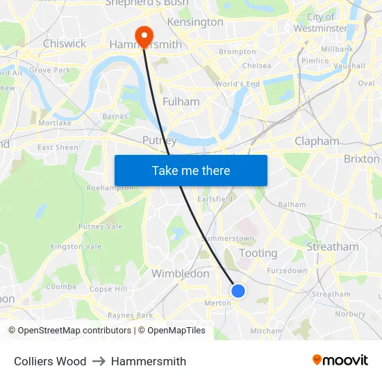 Colliers Wood to Hammersmith map