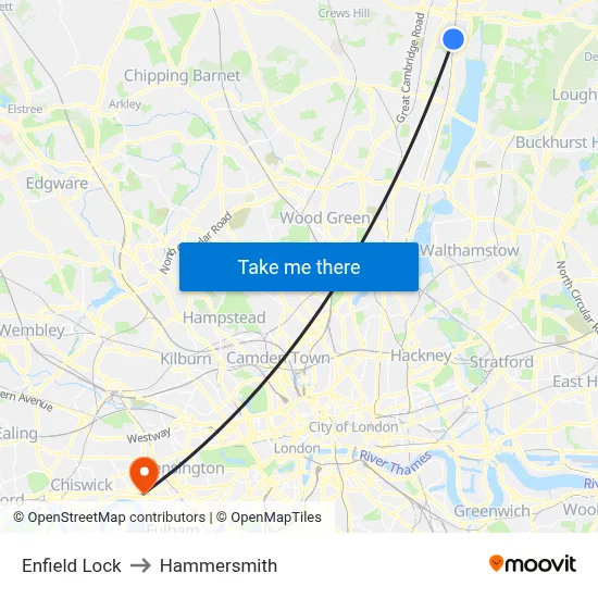 Enfield Lock to Hammersmith map