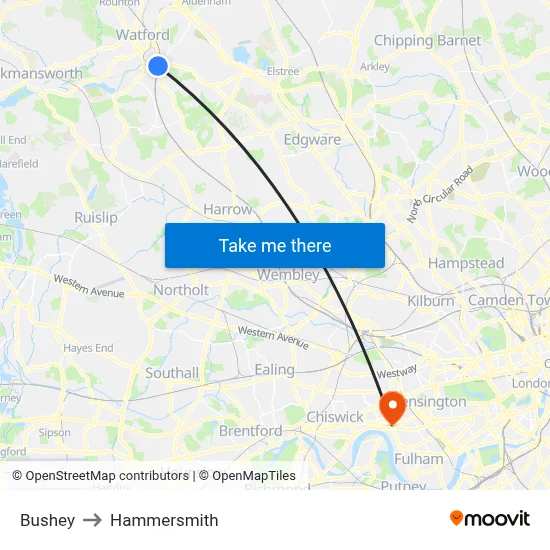 Bushey to Hammersmith map