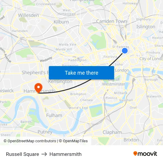 Russell Square to Hammersmith map