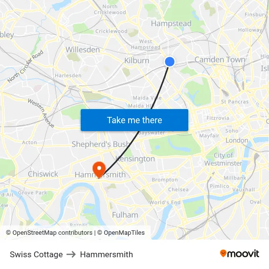 Swiss Cottage to Hammersmith map