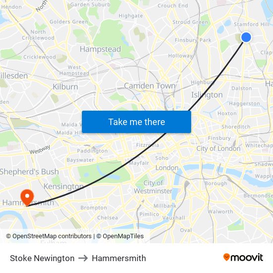 Stoke Newington to Hammersmith map