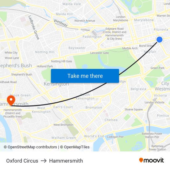 Oxford Circus to Hammersmith map