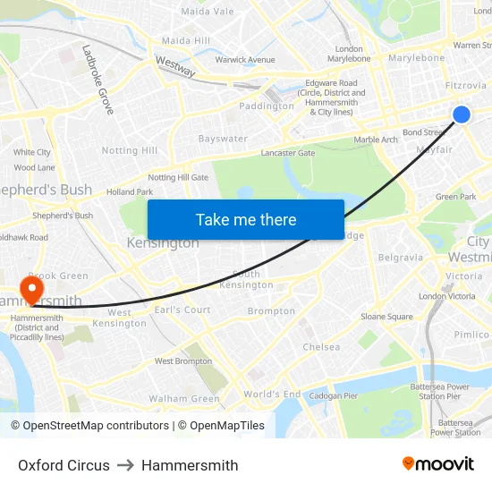 Oxford Circus to Hammersmith map