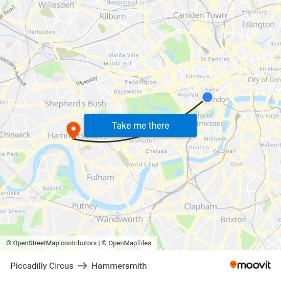 Piccadilly Circus to Hammersmith map