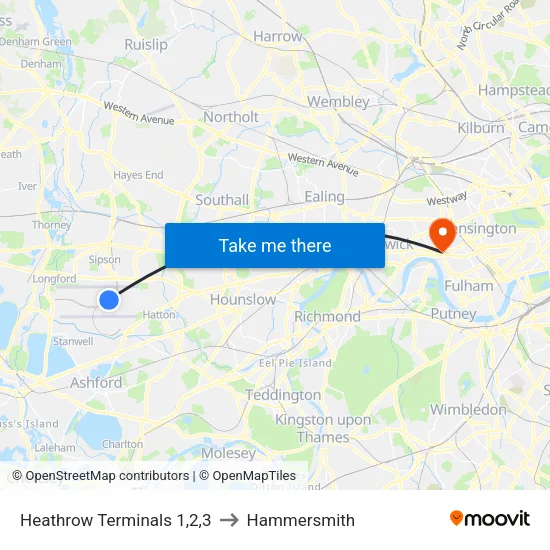 Heathrow Terminals 1,2,3 to Hammersmith map