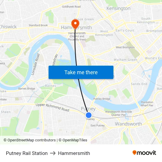 Putney Rail Station to Hammersmith map
