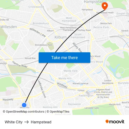 White City to Hampstead map