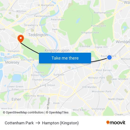 Cottenham Park to Hampton (Kingston) map