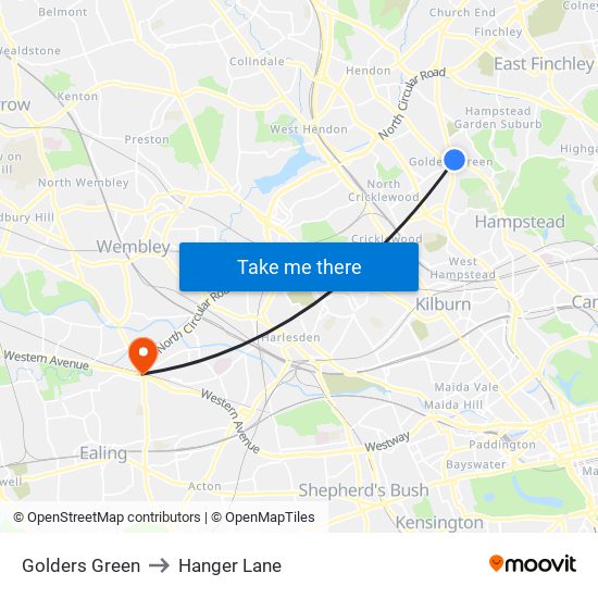 Golders Green to Hanger Lane map