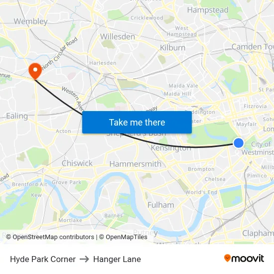 Hyde Park Corner to Hanger Lane map
