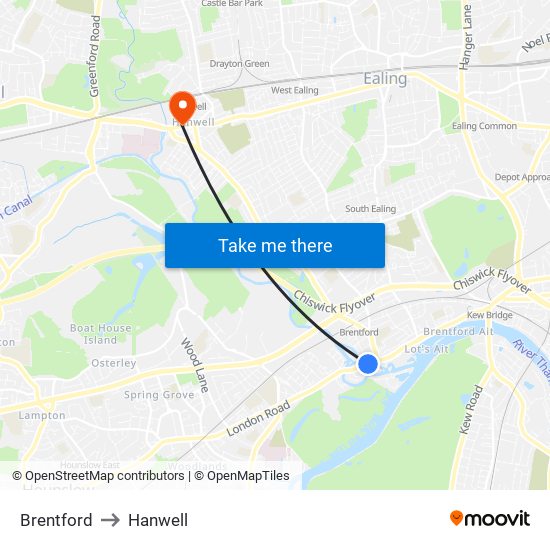 Brentford to Hanwell map