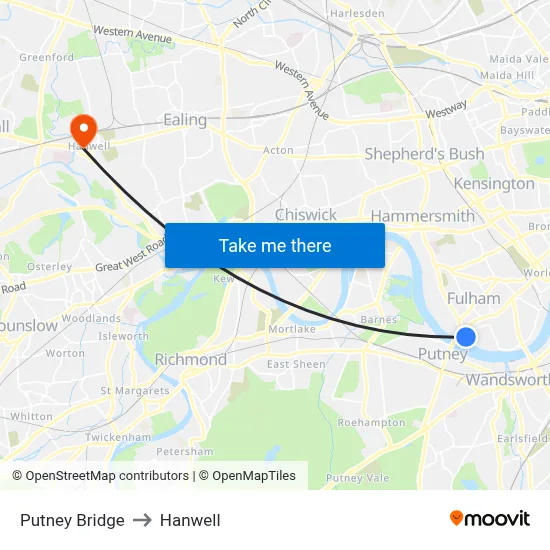 Putney Bridge to Hanwell map