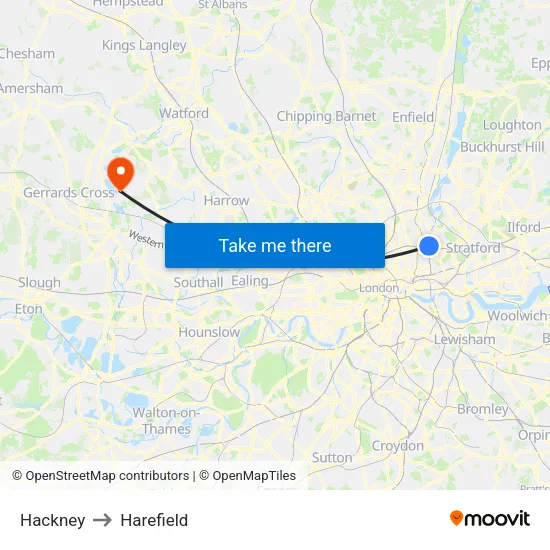 Hackney to Harefield map