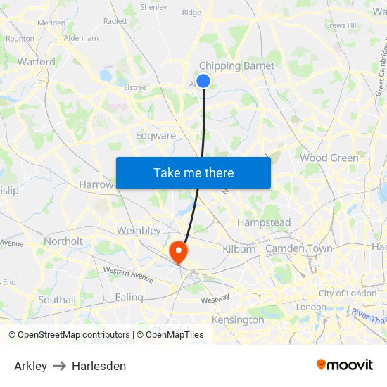 Arkley to Harlesden map