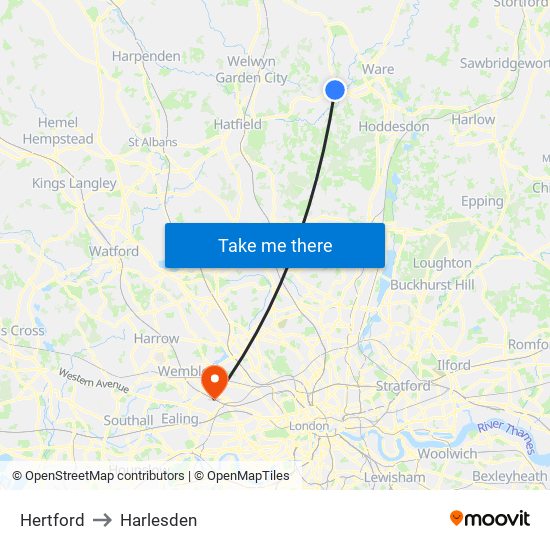 Hertford to Harlesden map