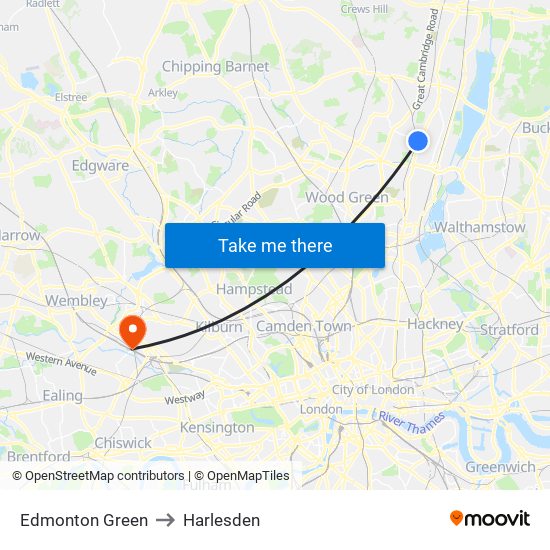 Edmonton Green to Harlesden map