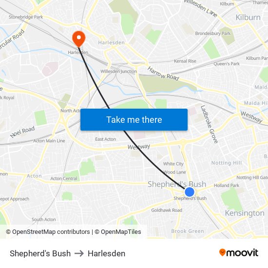 Shepherd's Bush to Harlesden map