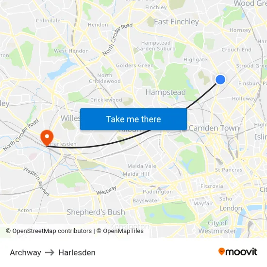 Archway to Harlesden map