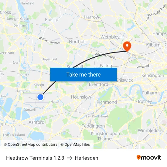 Heathrow Terminals 1,2,3 to Harlesden map