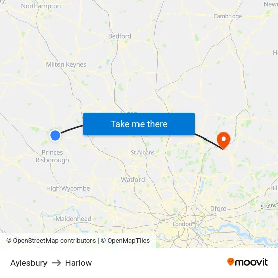 Aylesbury to Harlow map