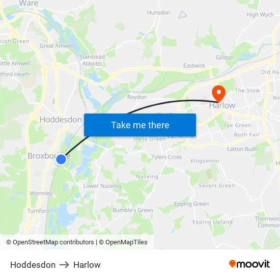 Hoddesdon to Harlow map