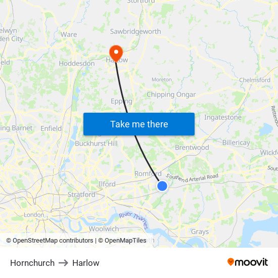 Hornchurch to Harlow map