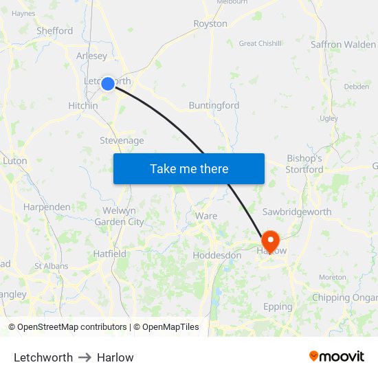 Letchworth to Harlow map