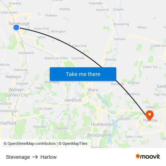 Stevenage to Harlow map