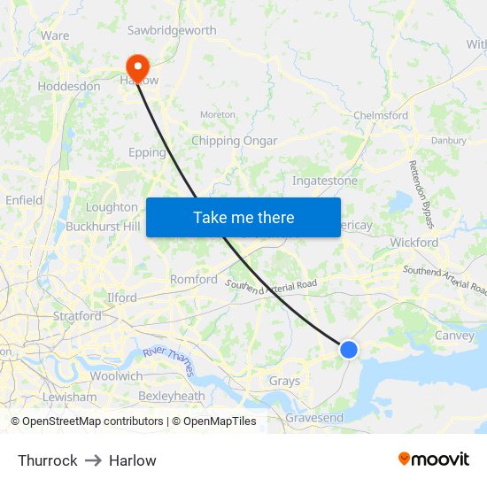 Thurrock to Harlow map