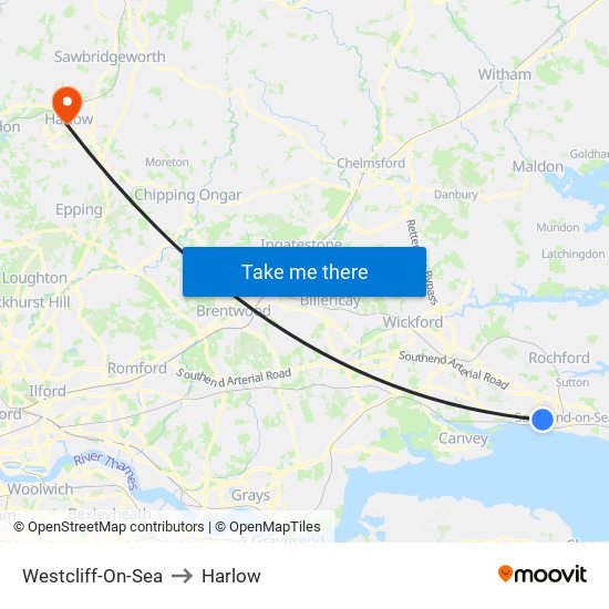 Westcliff-On-Sea to Harlow map