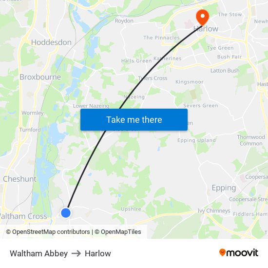 Waltham Abbey to Harlow map