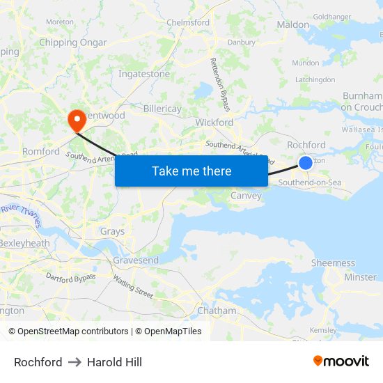 Rochford to Harold Hill map