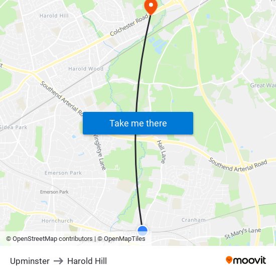 Upminster to Harold Hill map