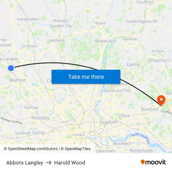 Abbots Langley to Harold Wood map