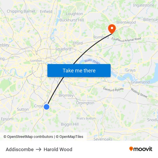 Addiscombe to Harold Wood map