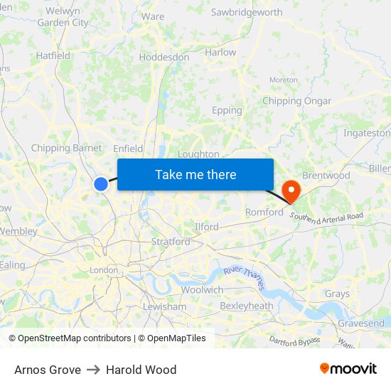 Arnos Grove to Harold Wood map