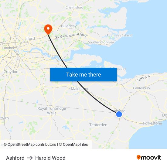 Ashford to Harold Wood map