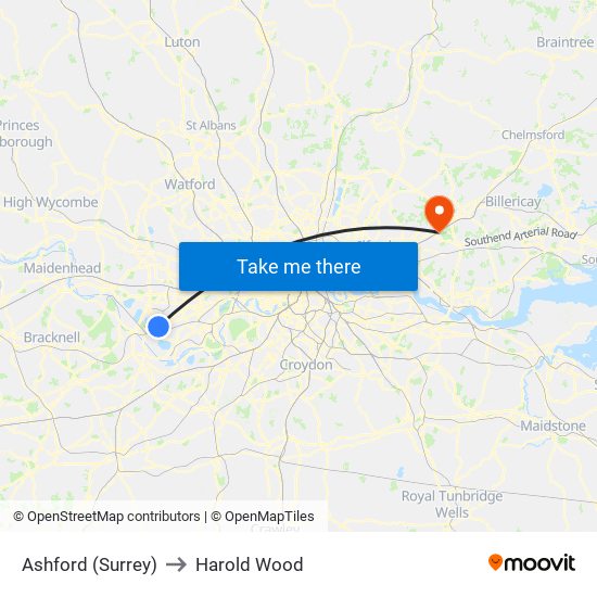 Ashford (Surrey) to Harold Wood map