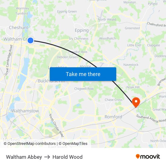 Waltham Abbey to Harold Wood map