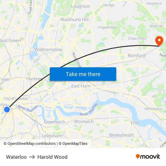 Waterloo to Harold Wood map