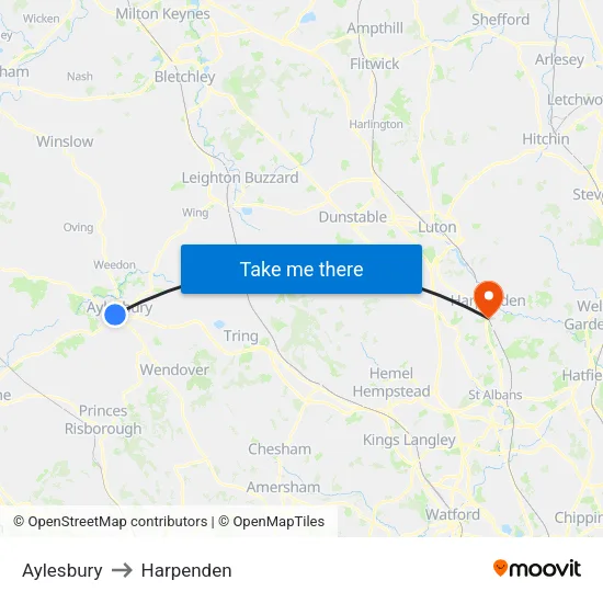 Aylesbury to Harpenden map