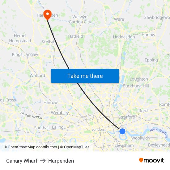 Canary Wharf to Harpenden map