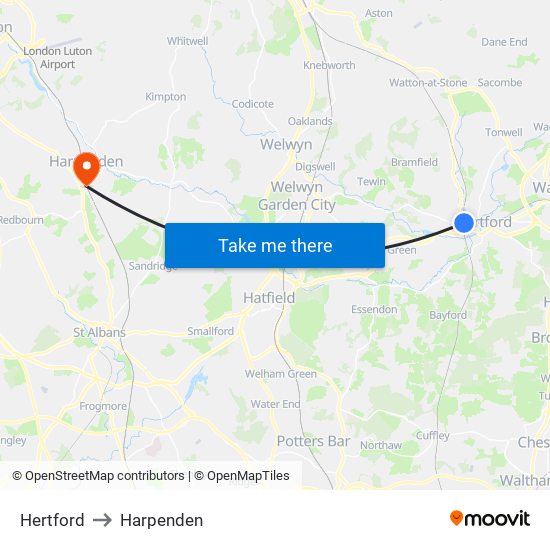 Hertford to Harpenden map